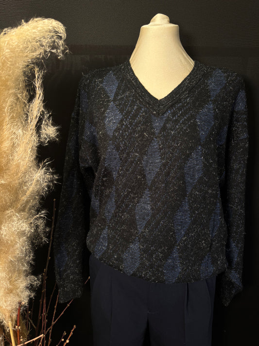 Vintage Strickpullover mit V-Ausschnitt und Rautenmuster